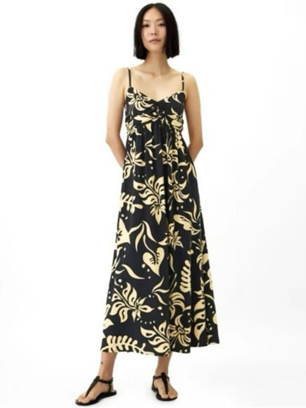 Black and Cream Floral Maxi Dress with Spaghetti Straps